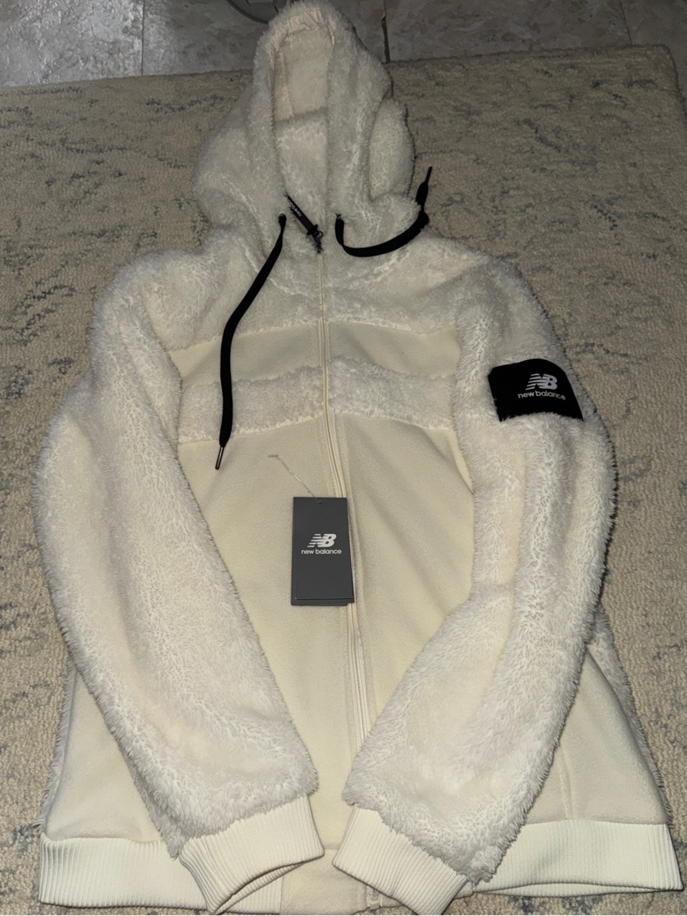 New Balance Cream Sherpa Full-Zip Hoodie with Black Drawcords